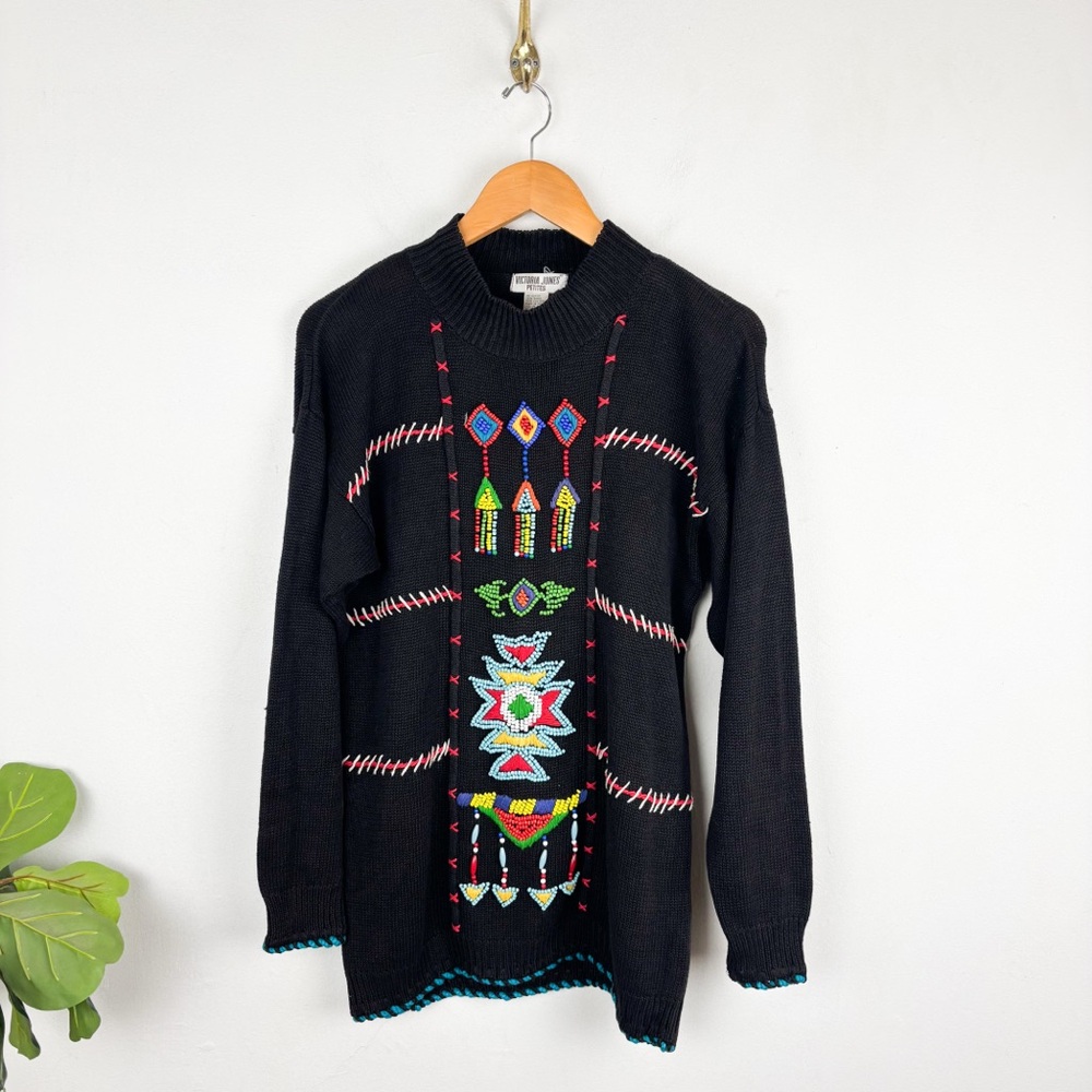 Vintage 80s Victoria Jones Beaded Tribal Pattern Sweater Sz L